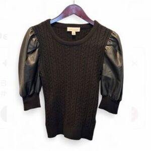 Philosophy Black Cable Knit Sweater with Puff Leather Sleeves